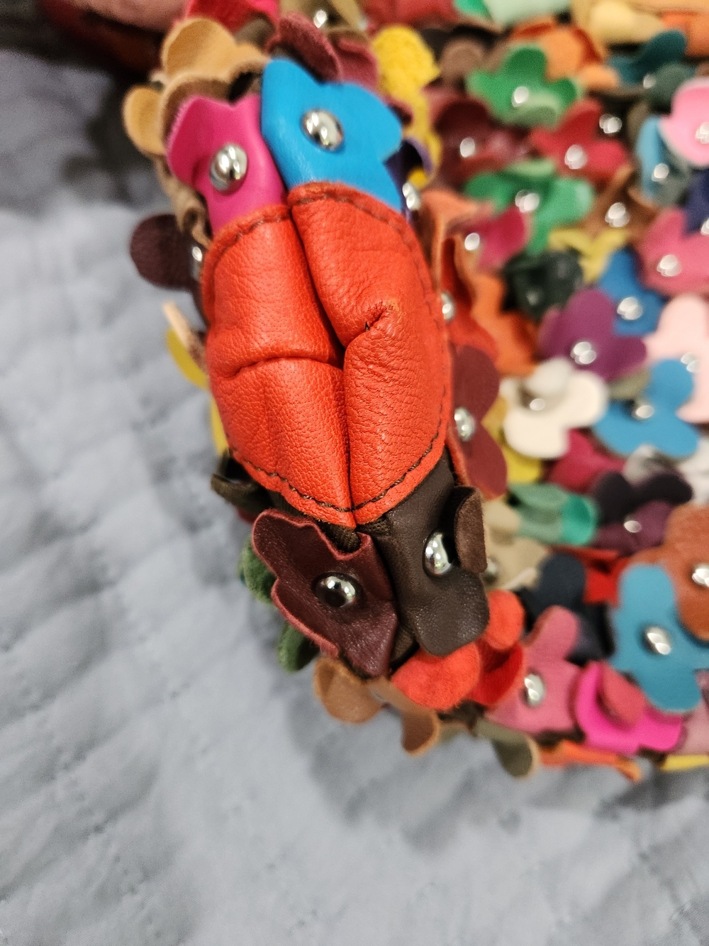 Multicolor Floral Appliqué Leather Shoulder Bag - Orange Accent Vintage - Picture 7 of 11